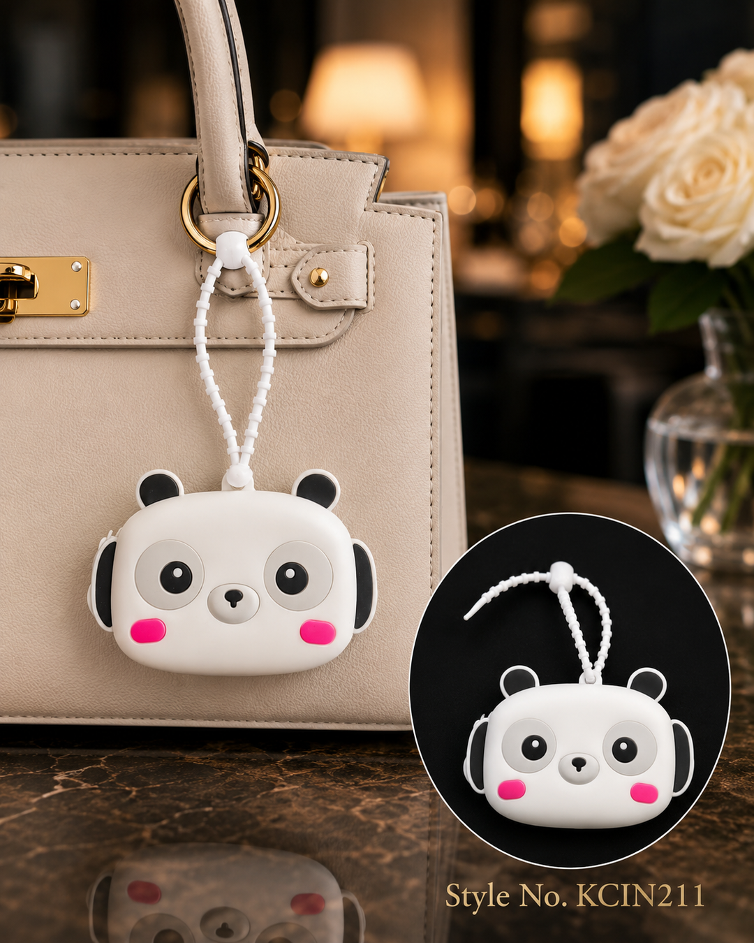 White panda face pouch charm with cord loop Keychain | KCIN211