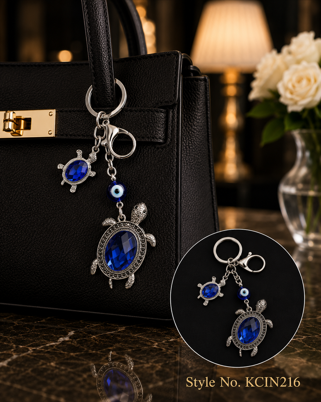 Blue evil eye turtle charm with hanging beads Keychain | KCIN216