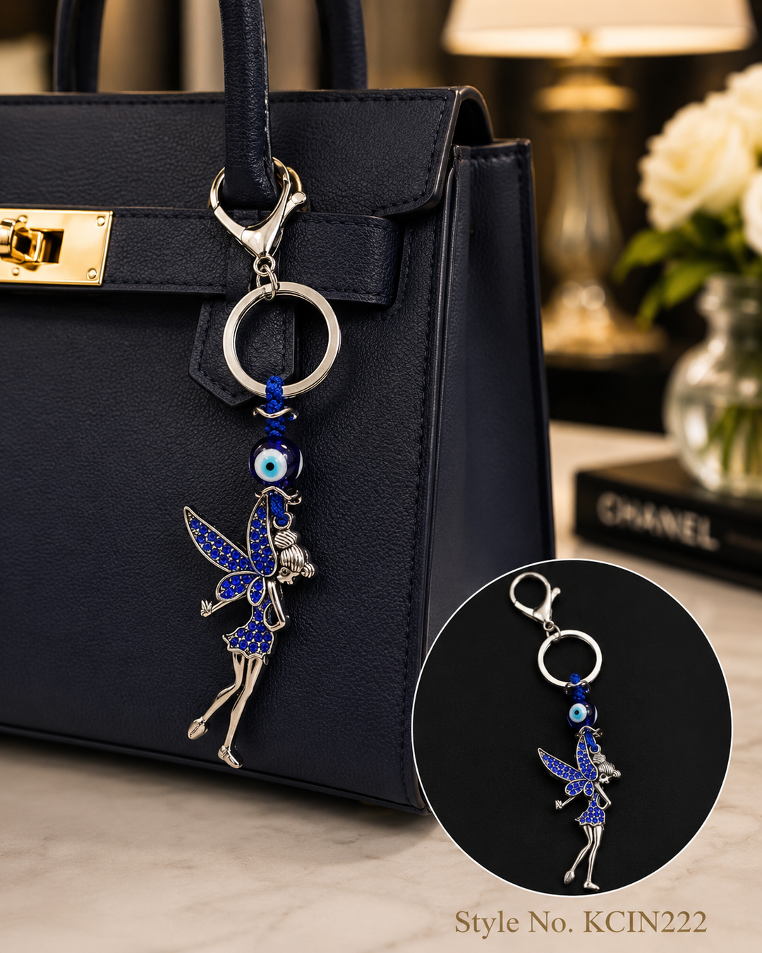 Blue dragonfly charm with dangling bead Keychain | KCIN222