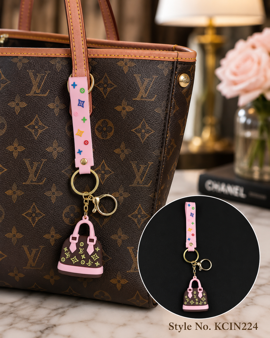 Pink patterned wrist strap with ring and small purse charm Keychain | KCIN224