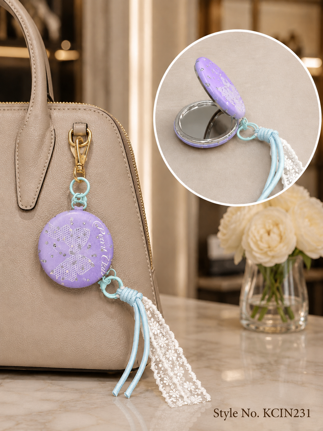 Pink patterned wrist strap with miniature mirror compact Keychain | KCIN231