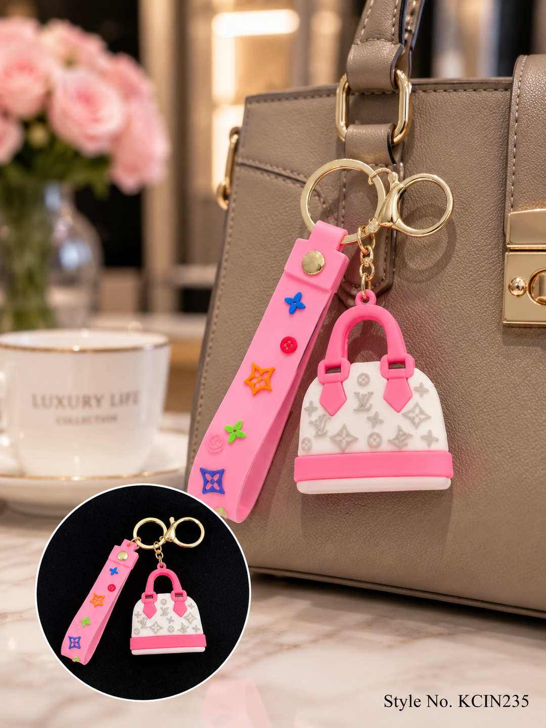 Floral compact mirror with lace and ribbon tassels Keychain | KCIN235