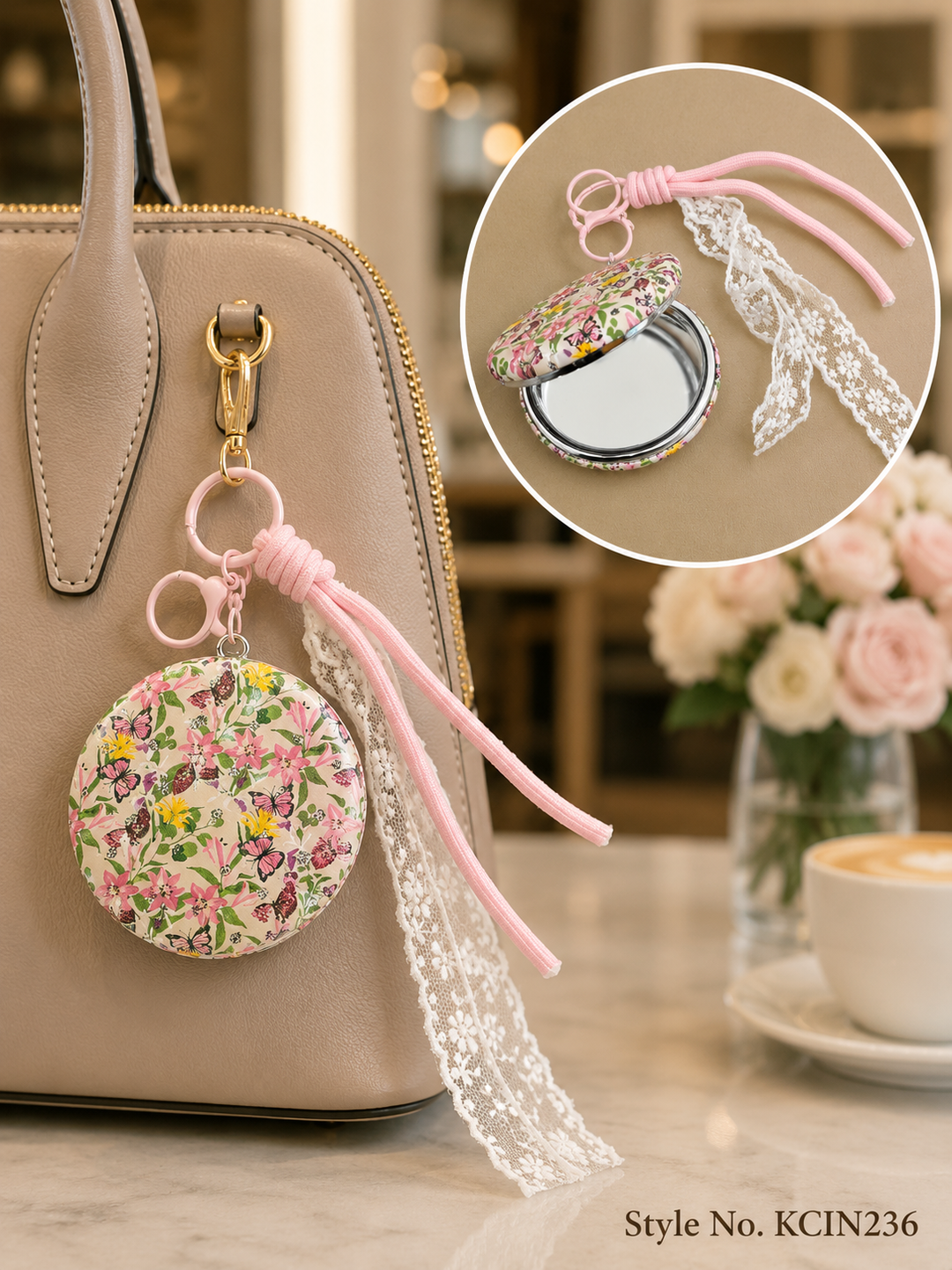 Floral compact mirror with lace and ribbon tassels Keychain | KCIN236