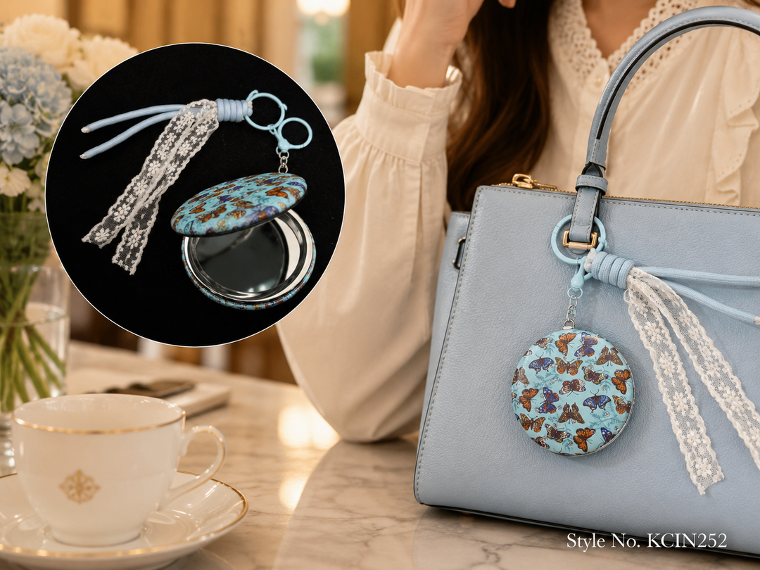 Round floral compact mirror with cream lace tassel Keychain | KCIN252