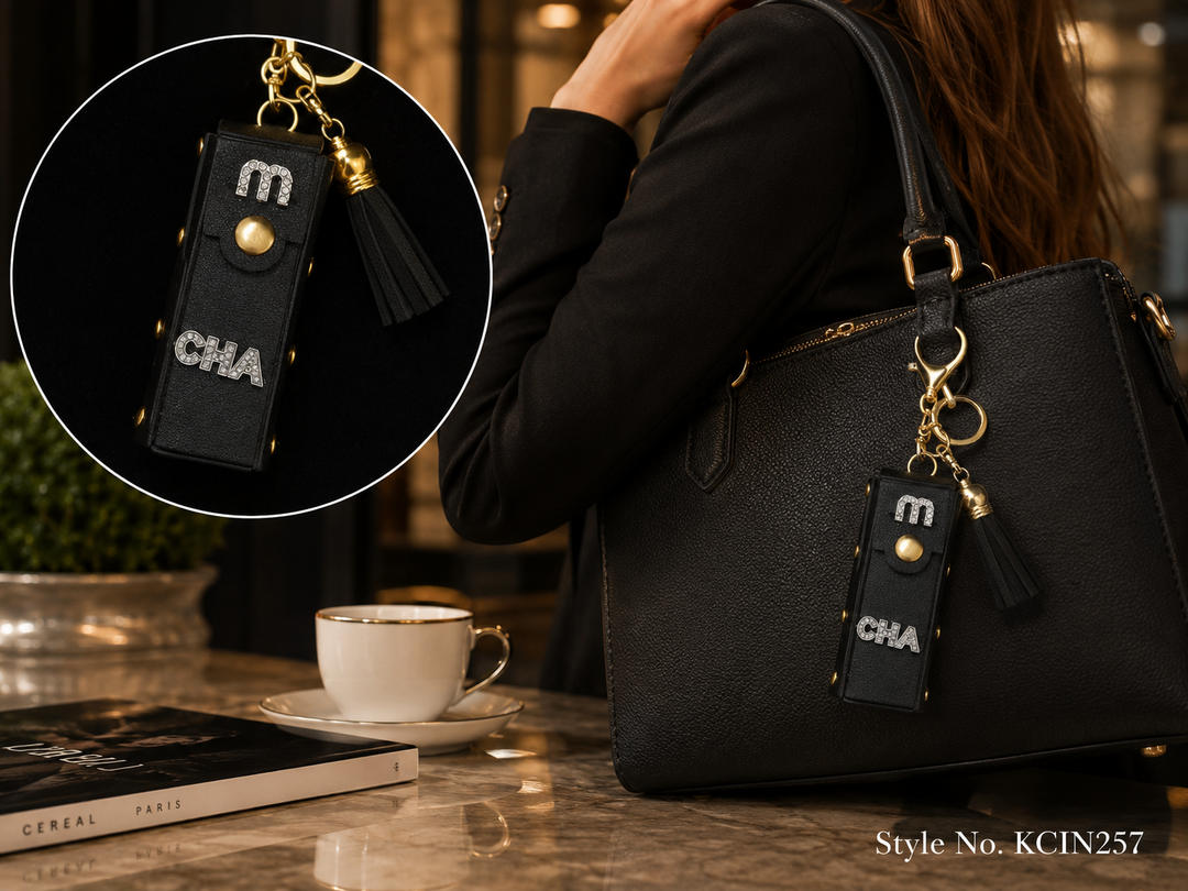 Black mini wallet with tassel and gold tone studs Keychain | KCIN257