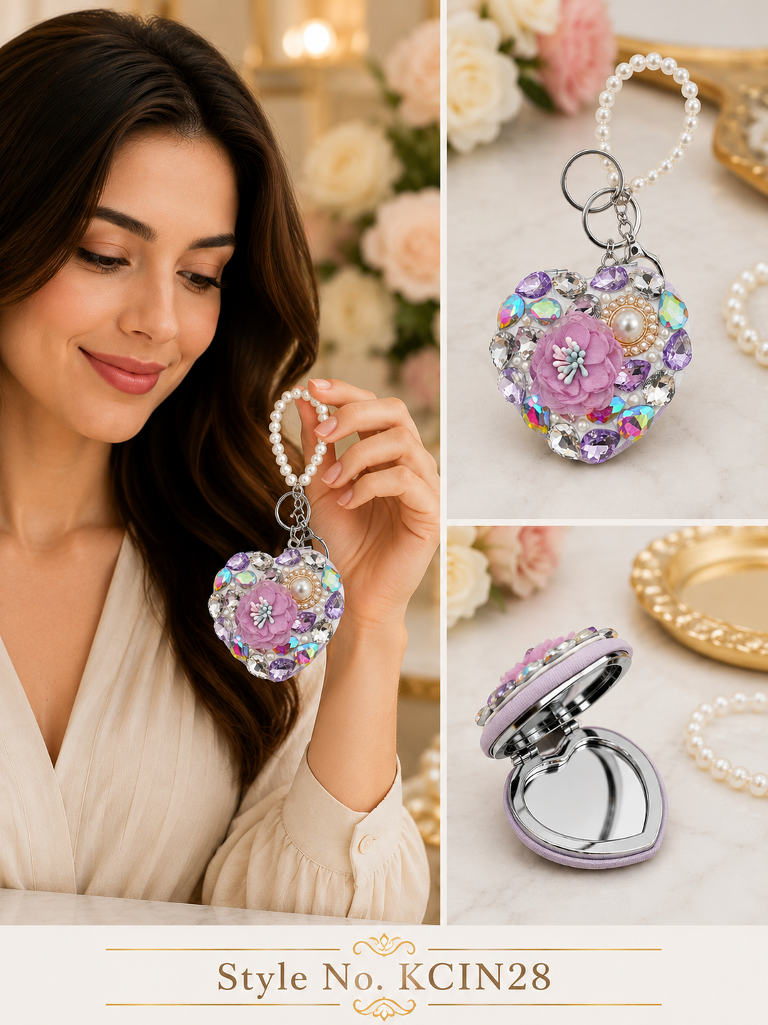 Multicolor jeweled heart with pearl loop Keychain | KCIN28