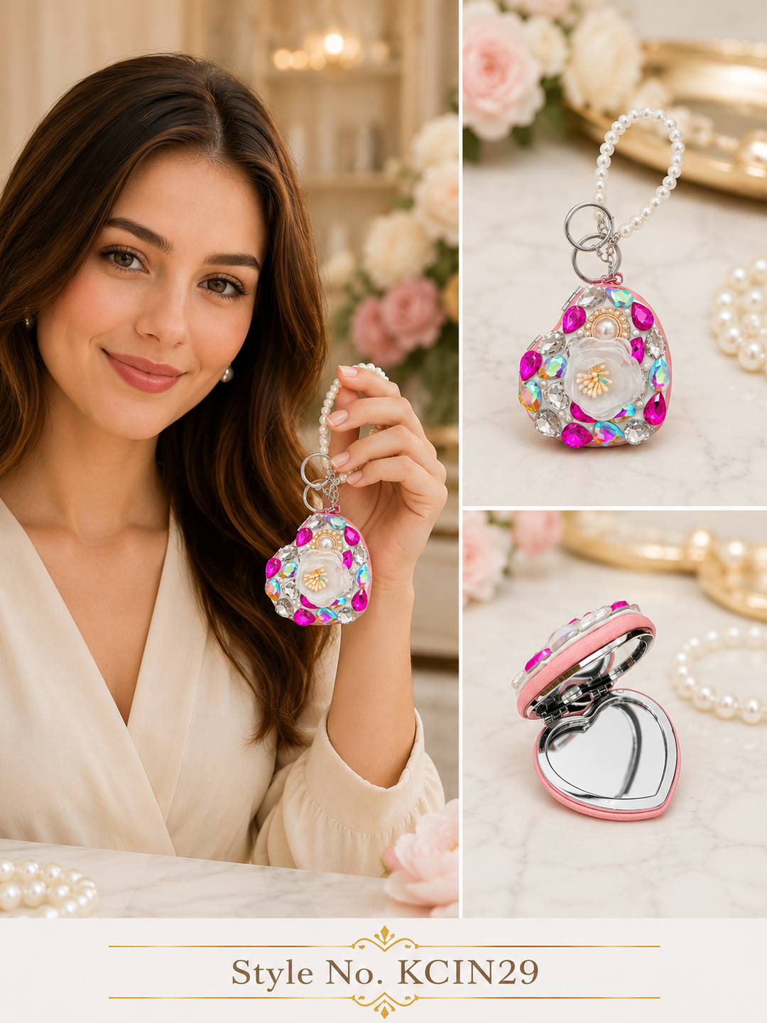 Jeweled heart with pearl loop Keychain | KCIN29