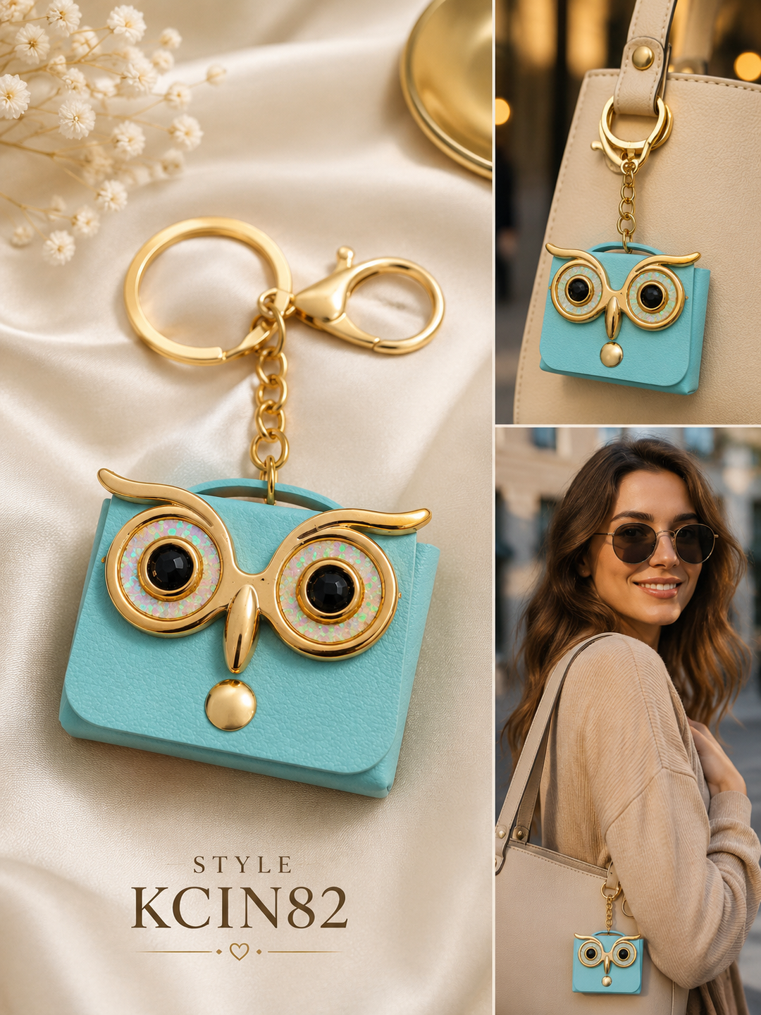 Sky Blue Owl Face Mini Handbag Charm and Keychain with Gold-Tone Accents