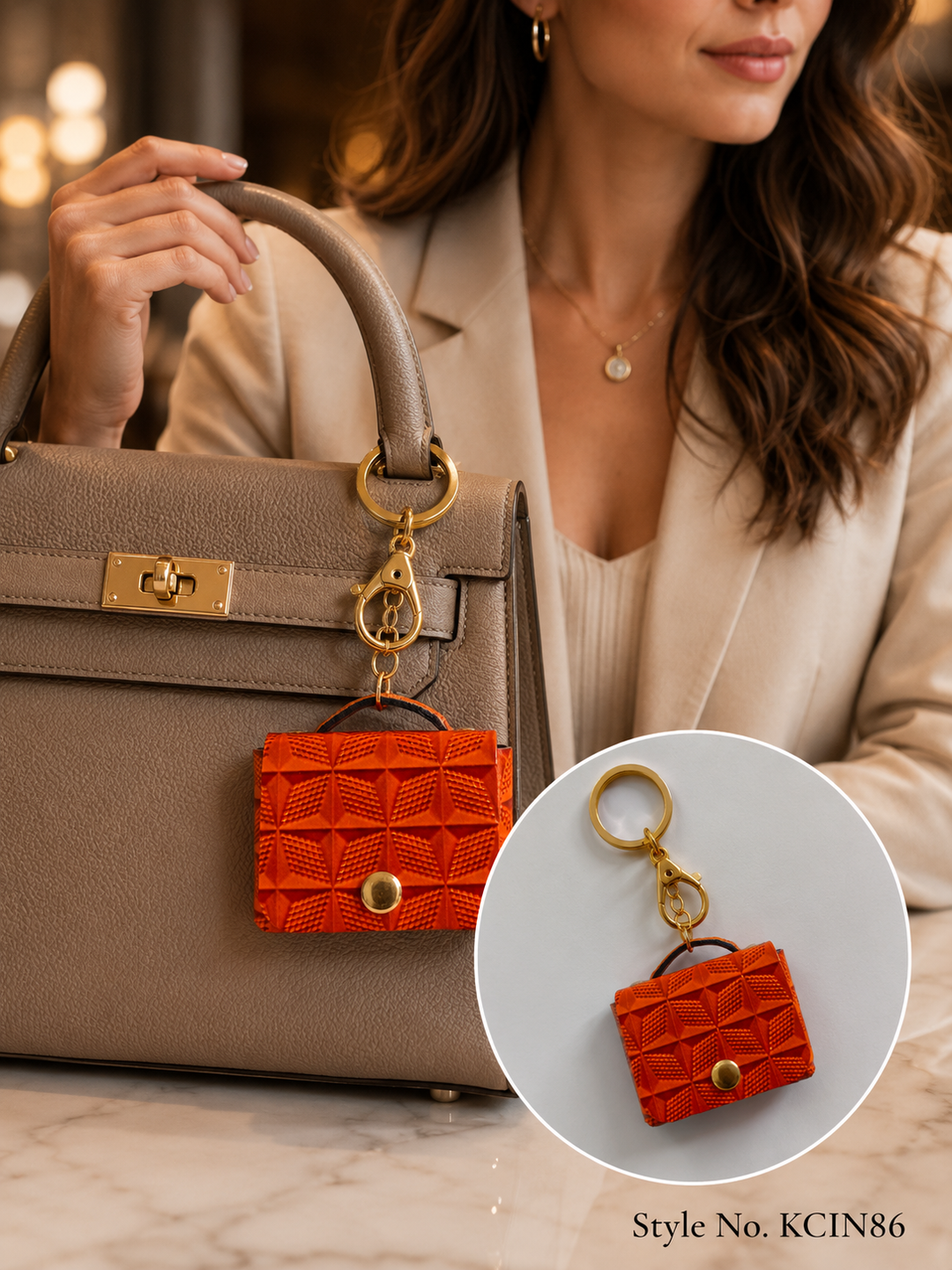 Burnt Orange Geometric Embossed Mini Satchel Handbag Charm and Keychain