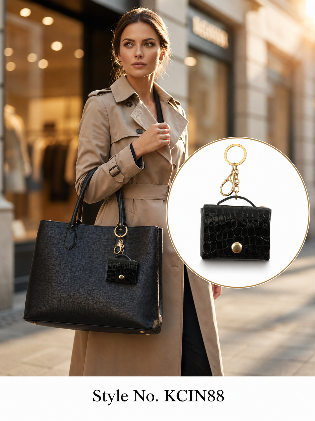 Black Croc-Embossed Mini Satchel Handbag Charm and Keychain