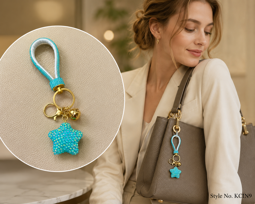 Aqua Blue Rhinestone Star and Crystal Strap Bag Charm Keychain
