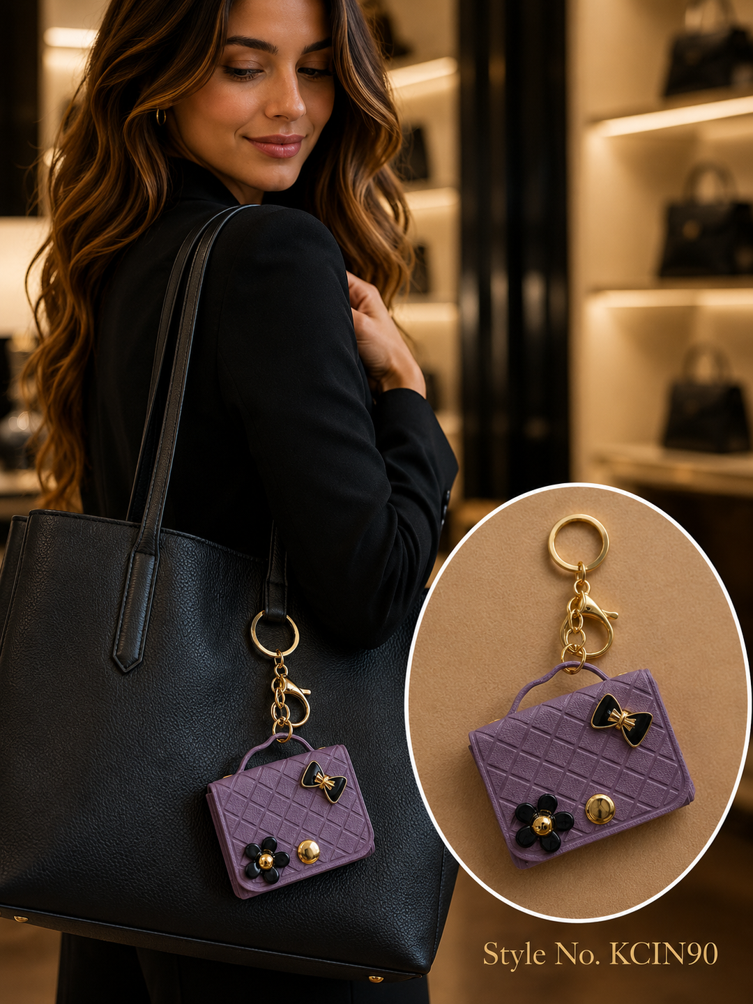 Purple Quilted Mini Handbag Charm Keychain with Black Bow and Flower Embellishments
