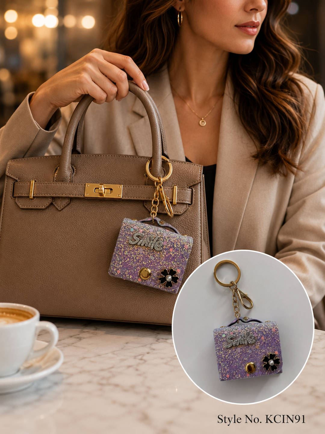 Purple Glitter Mini Handbag Charm Keychain with Rhinestone Smile &amp; Flower Embellishments
