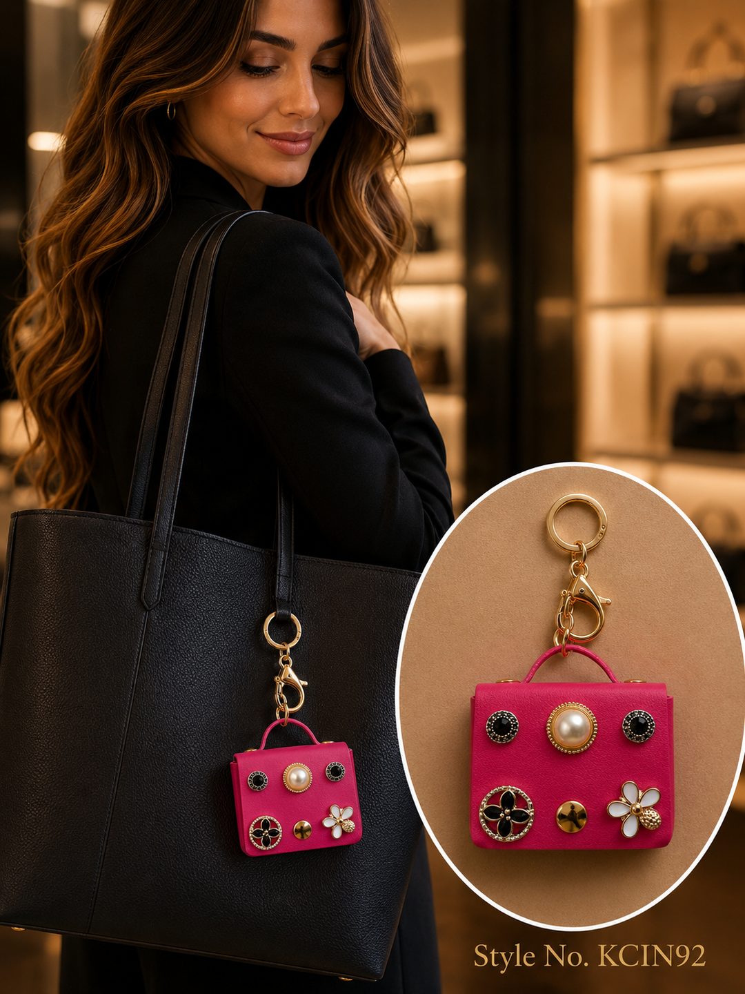 Hot Pink Mini Handbag Charm Keychain with Faux Pearl and Floral Brooch Accents