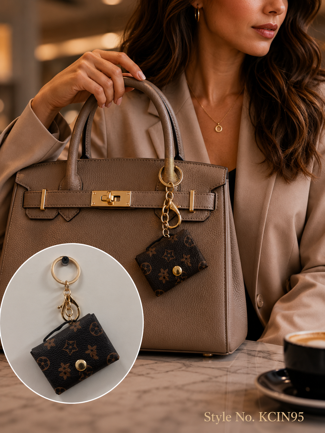 Brown Monogram Mini Handbag Charm Keychain with Gold Snap Button