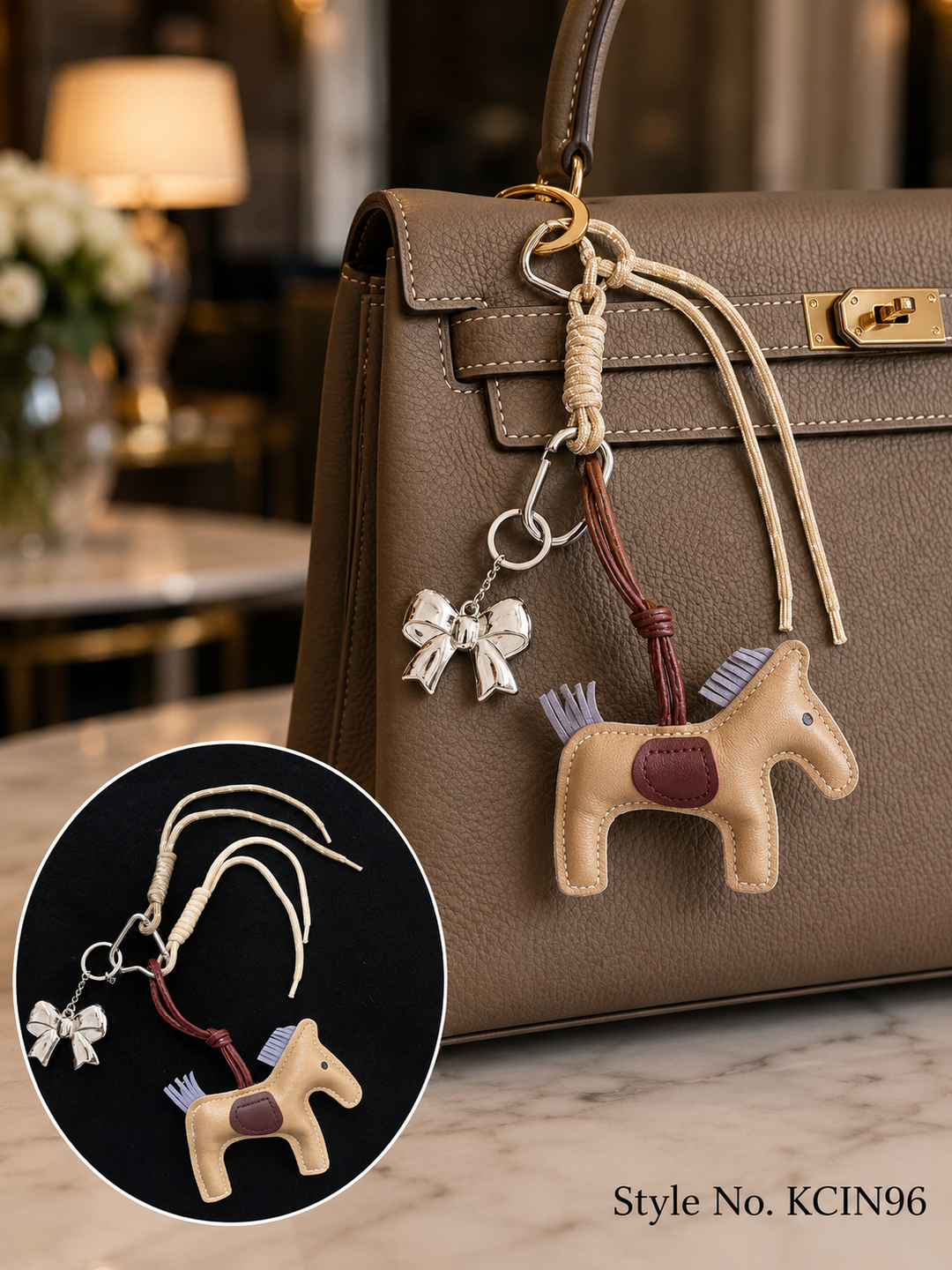 Equestrian Horse Charm Keychain with Silver Bow and Braided Cord Tassels
