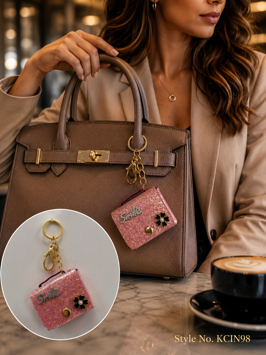 Pink Glitter Mini Handbag Charm Keychain with Rhinestone Smile &amp; Flower Embellishments