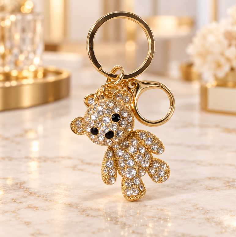 Golden Crystal Teddy Bear Keychain - KCMEIFEN005