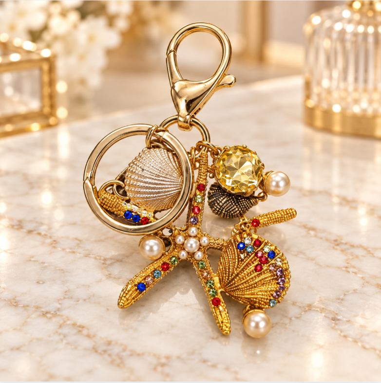Golden Seashell &amp; Starfish Charm Keychain-KCMEIFEN008