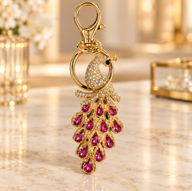 Pink Crystal Peacock Feather Keychain - KCMEIFEN036