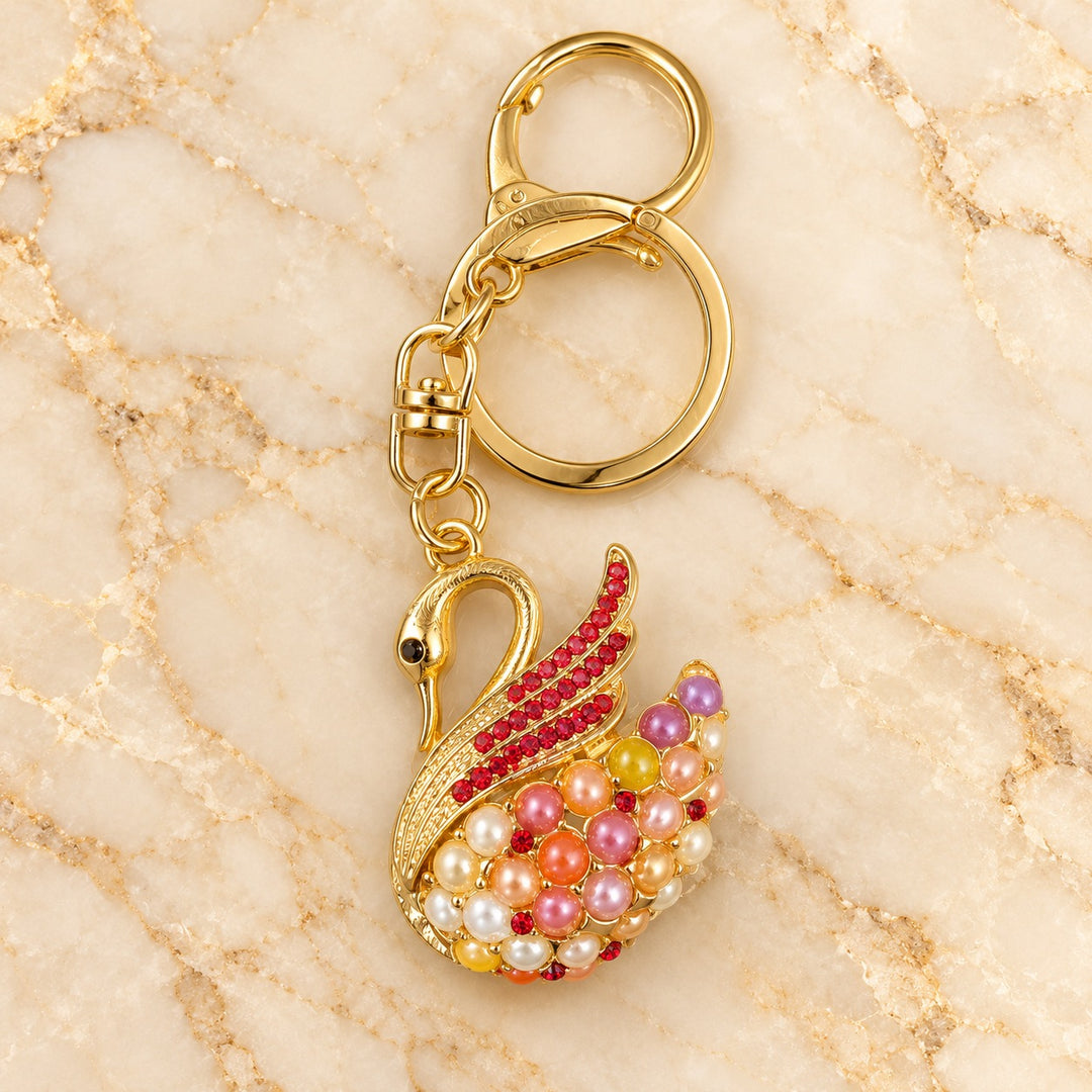 Pink Peacock Feather Keychain with Crystal Details