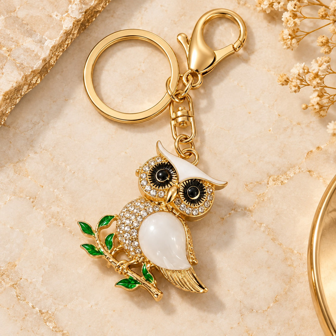 White Owl Rhinestone Keychain with Green and Red Accents