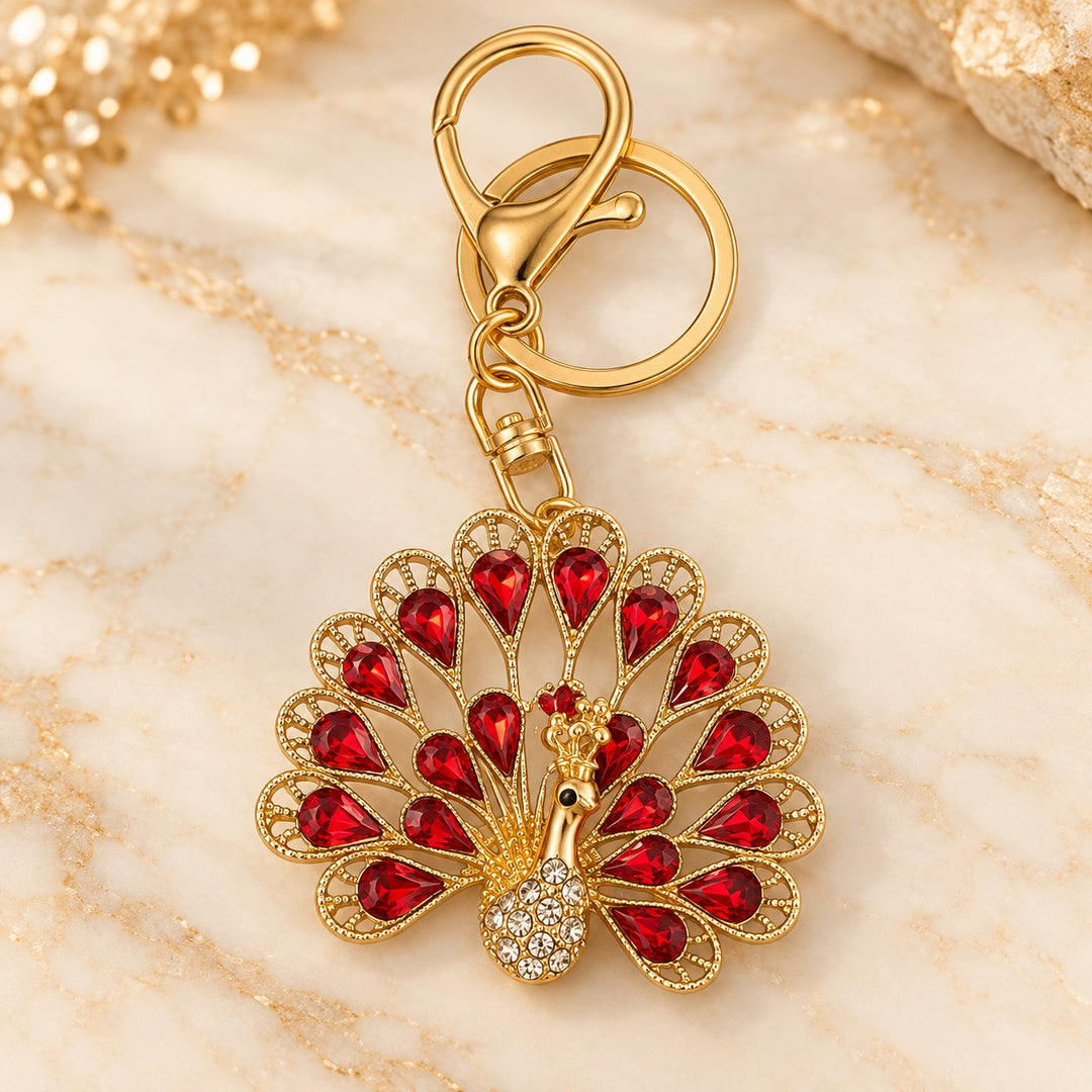 Red Jeweled Butterfly Keychain with Fan-Shaped Wings