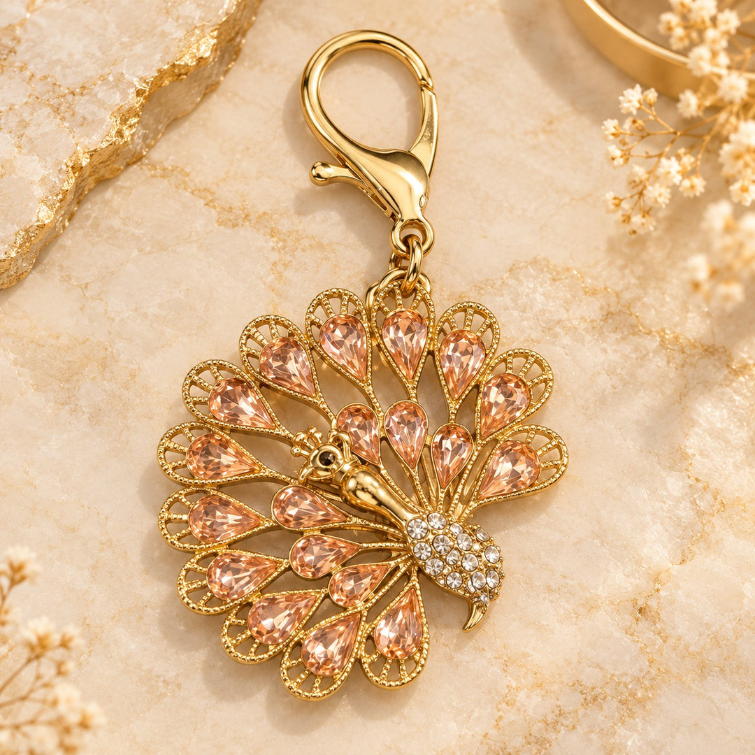 Amber-Tone Peacock Keychain with Crystal Tail