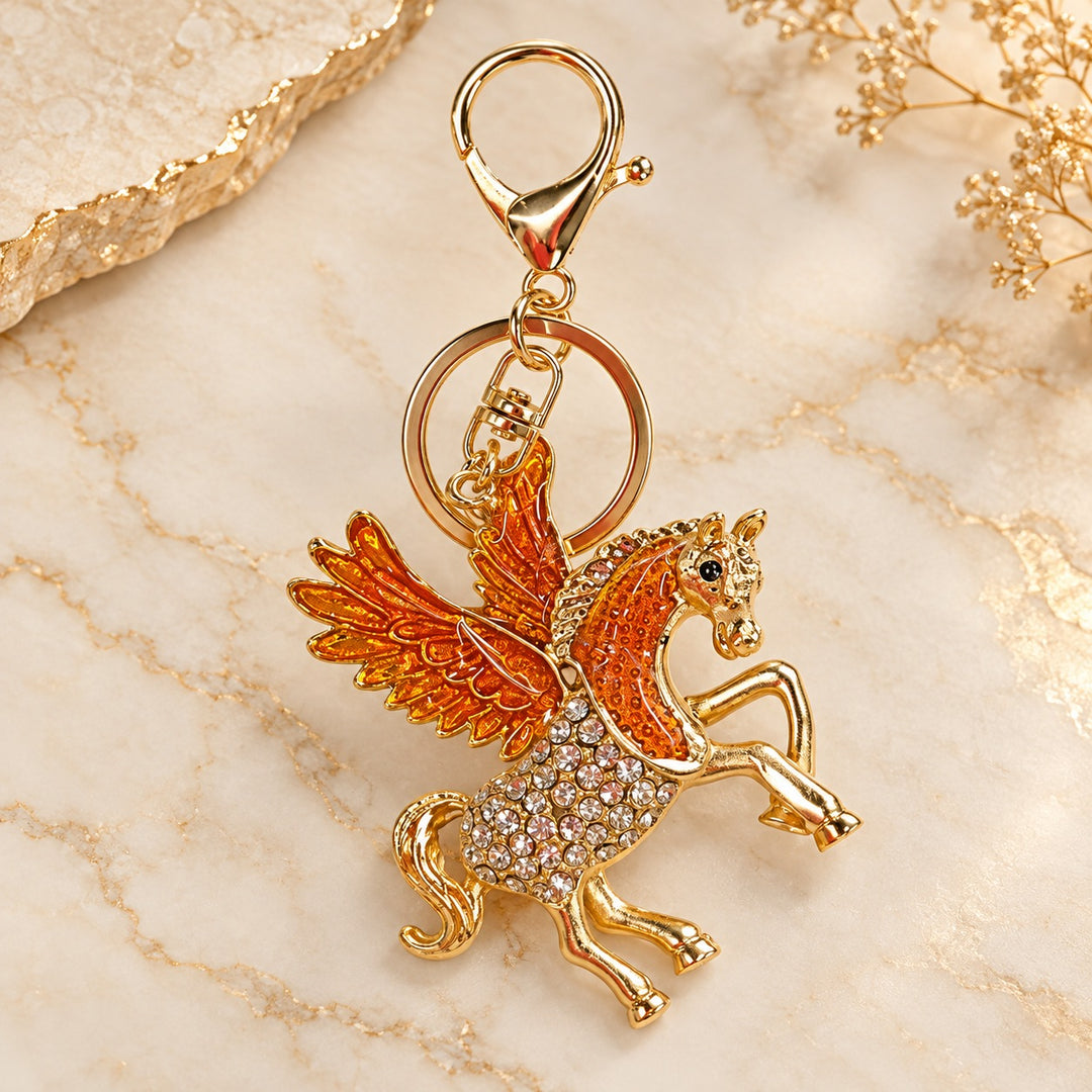 Gold and Orange Pegasus Keychain with Crystal Accents