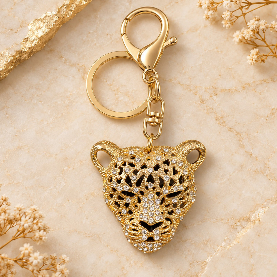Leopard Face Keychain with Gold-Tone Crystal Accents