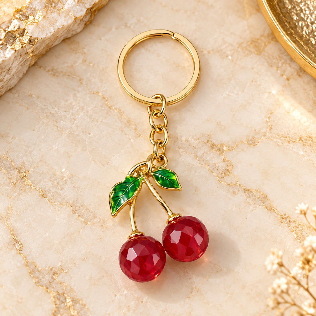 Red Cherry Keychain with Green Leaf Accent
