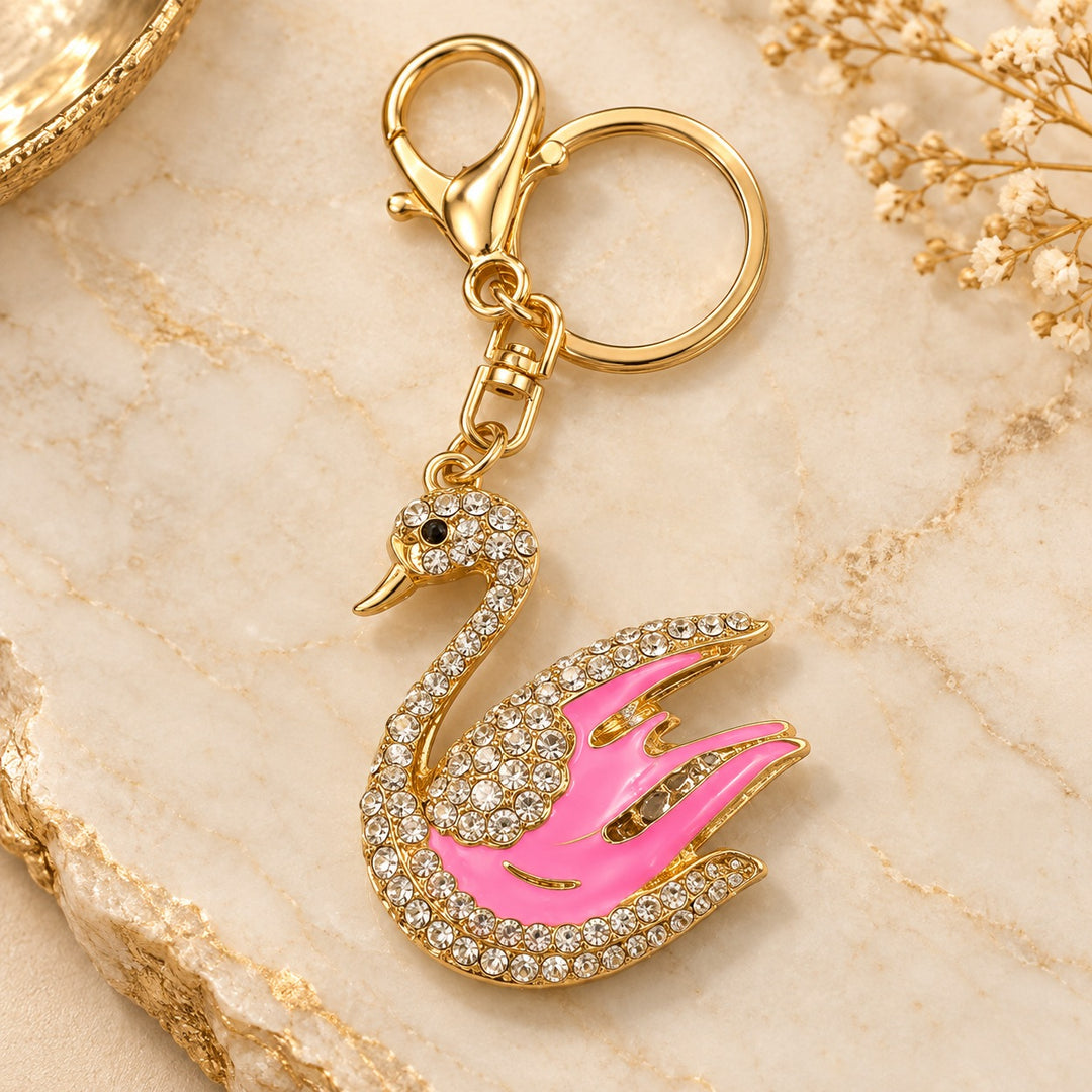 Pink Swan Keychain with Crystal Outline