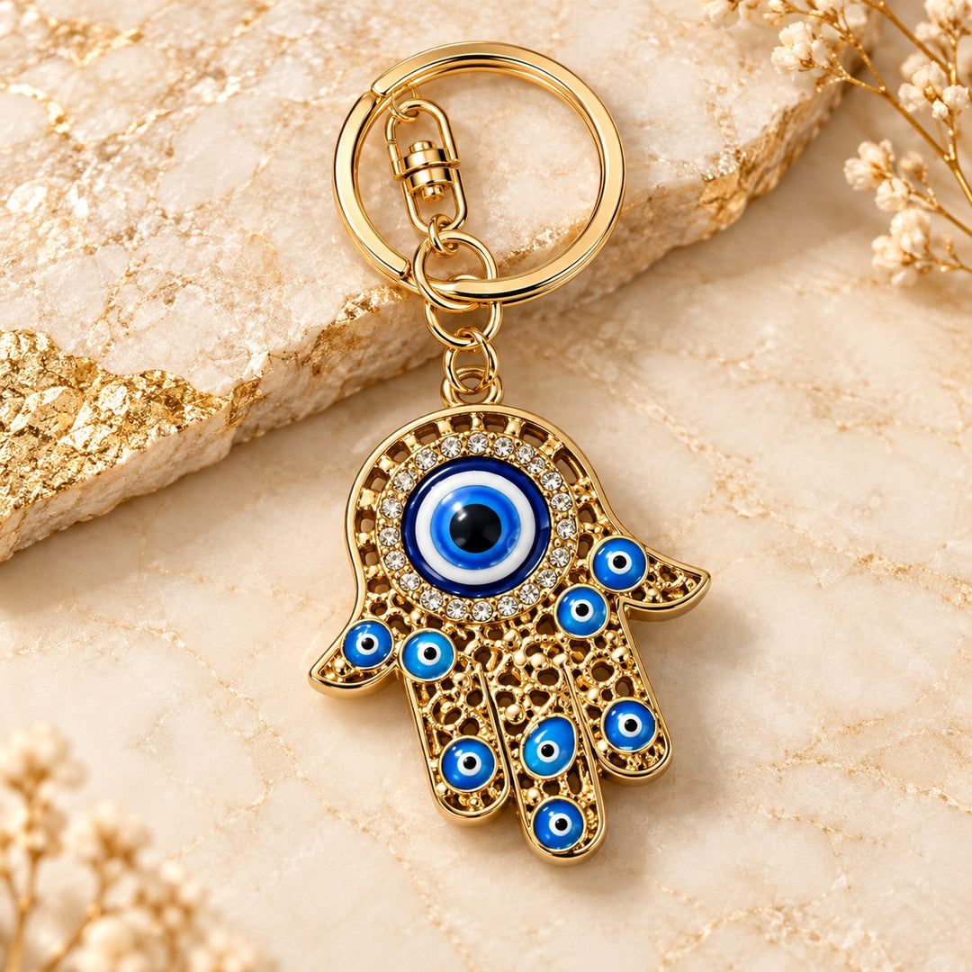 Blue Hamsa Keychain with Evil Eye and Crystal Accents