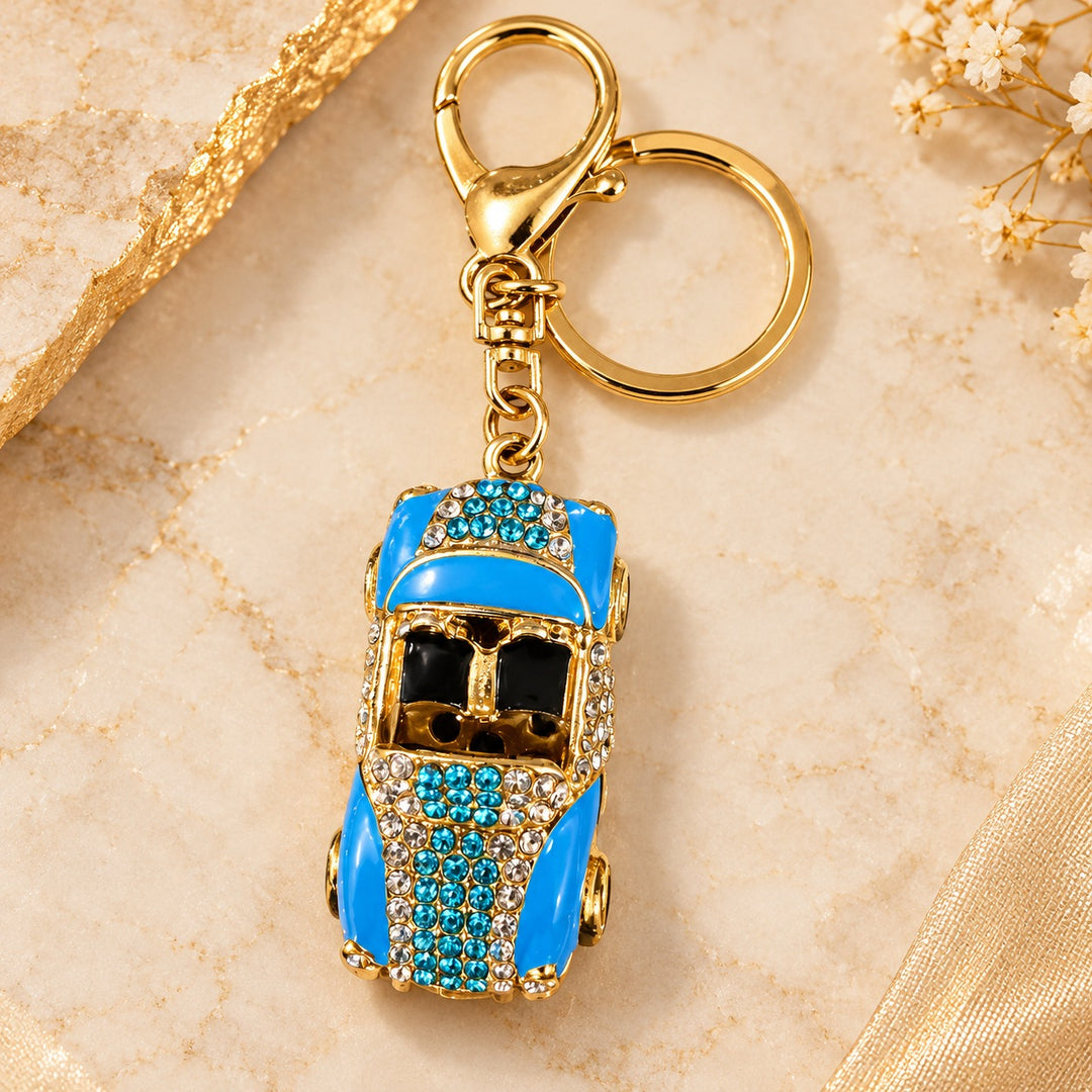 Blue and Gold car Keychain with Crystal Detailing