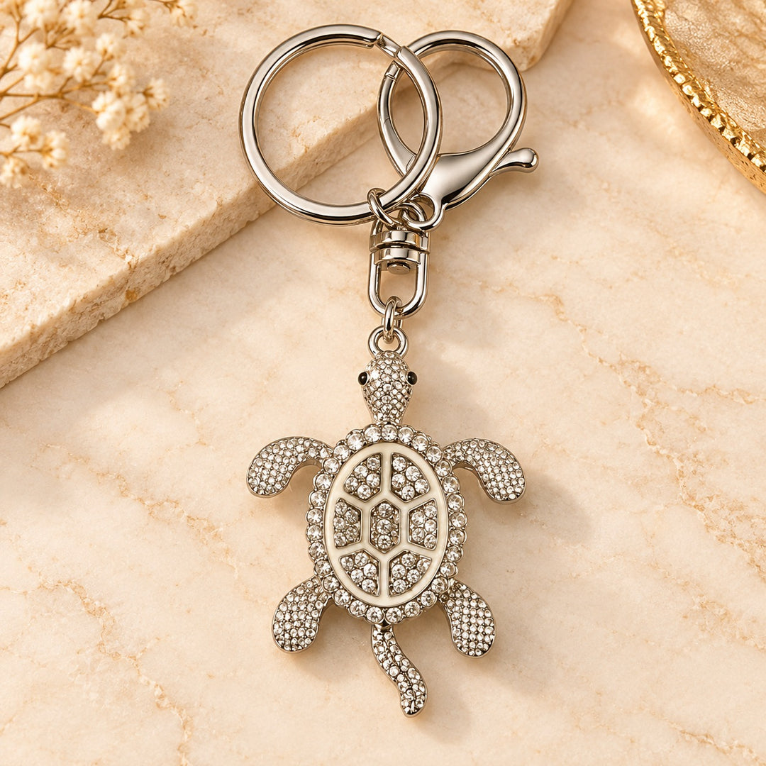 Silver-Tone Turtle Keychain with Textured Shell