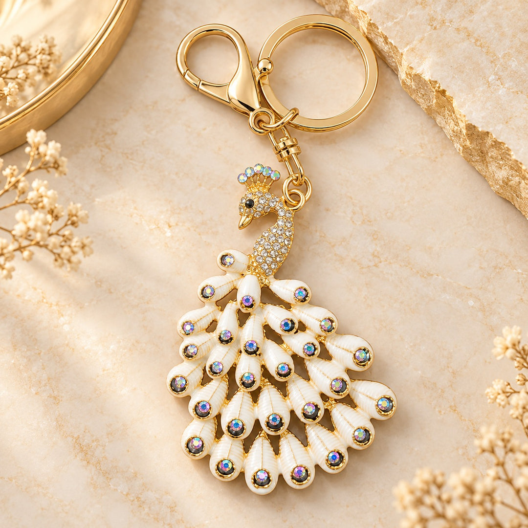 White Peacock Keychain with Crystal Feather Tail