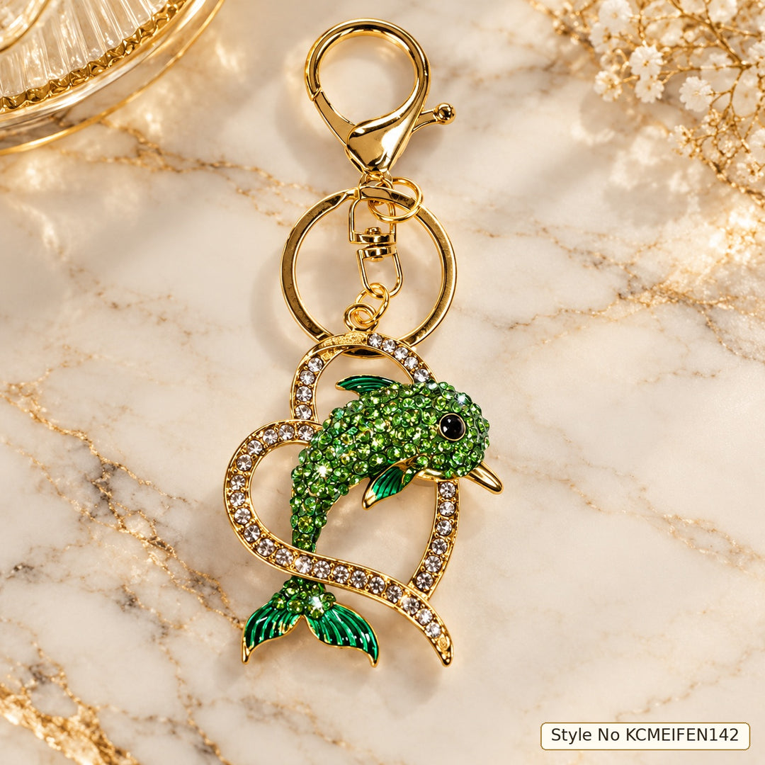 Green Fish Keychain with Crystal Heart Frame