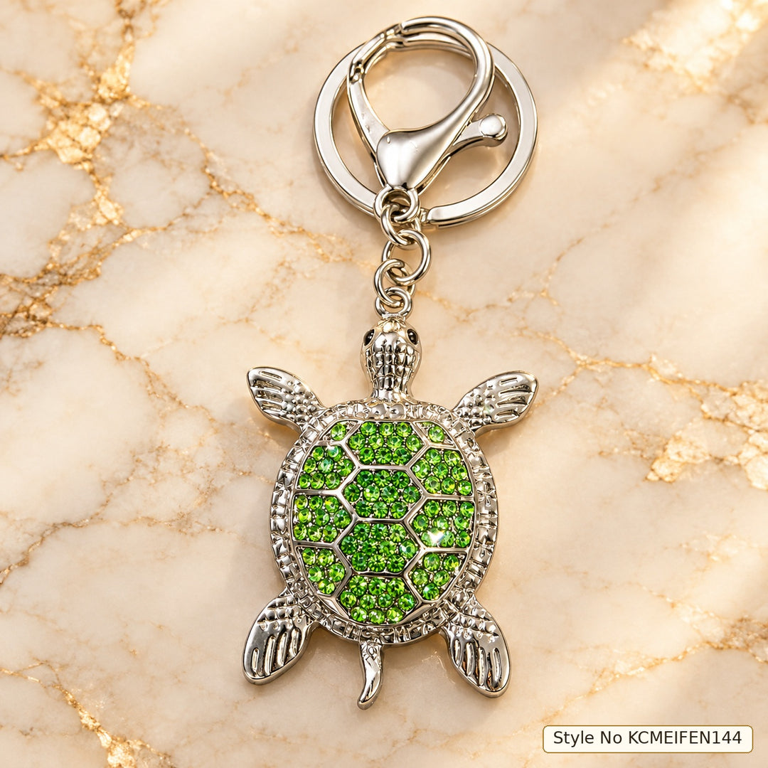 Green Turtle Keychain with Clear Stone Shell