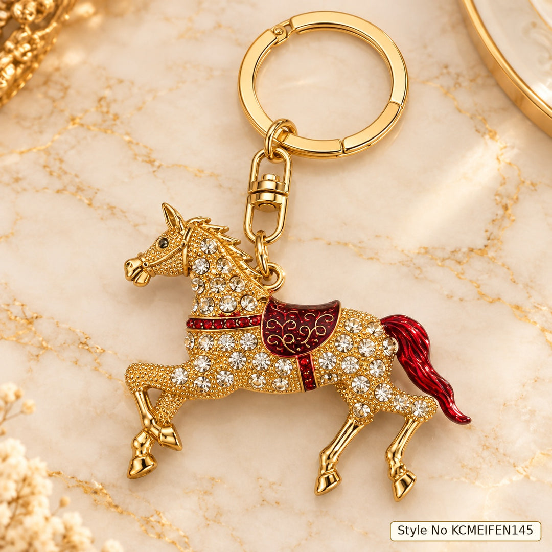 Gold-Tone Horse Keychain with Red and Crystal Accents