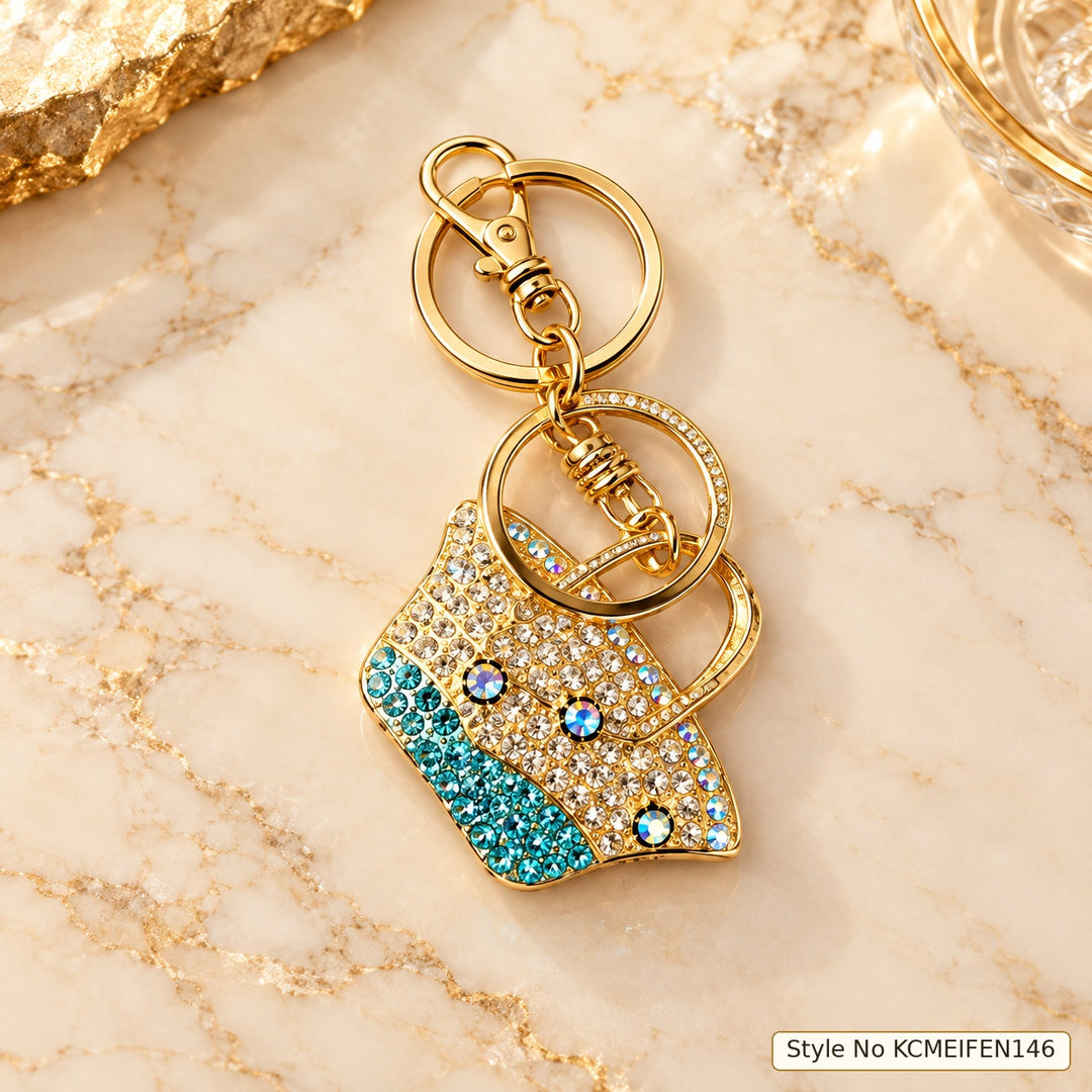 Gold Mini Bag Keychain with Turquoise &amp; Clear Rhinestone Accents