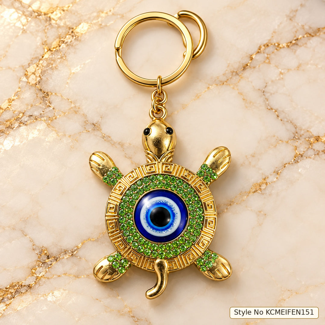 Turtle round Evil Eye Keychain with Green and Gold Border