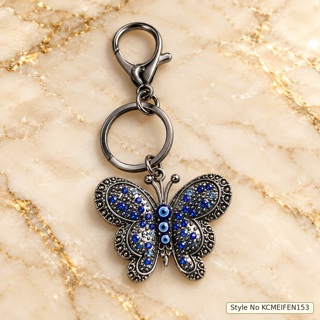 Blue Butterfly Keychain with Central Evil Eye