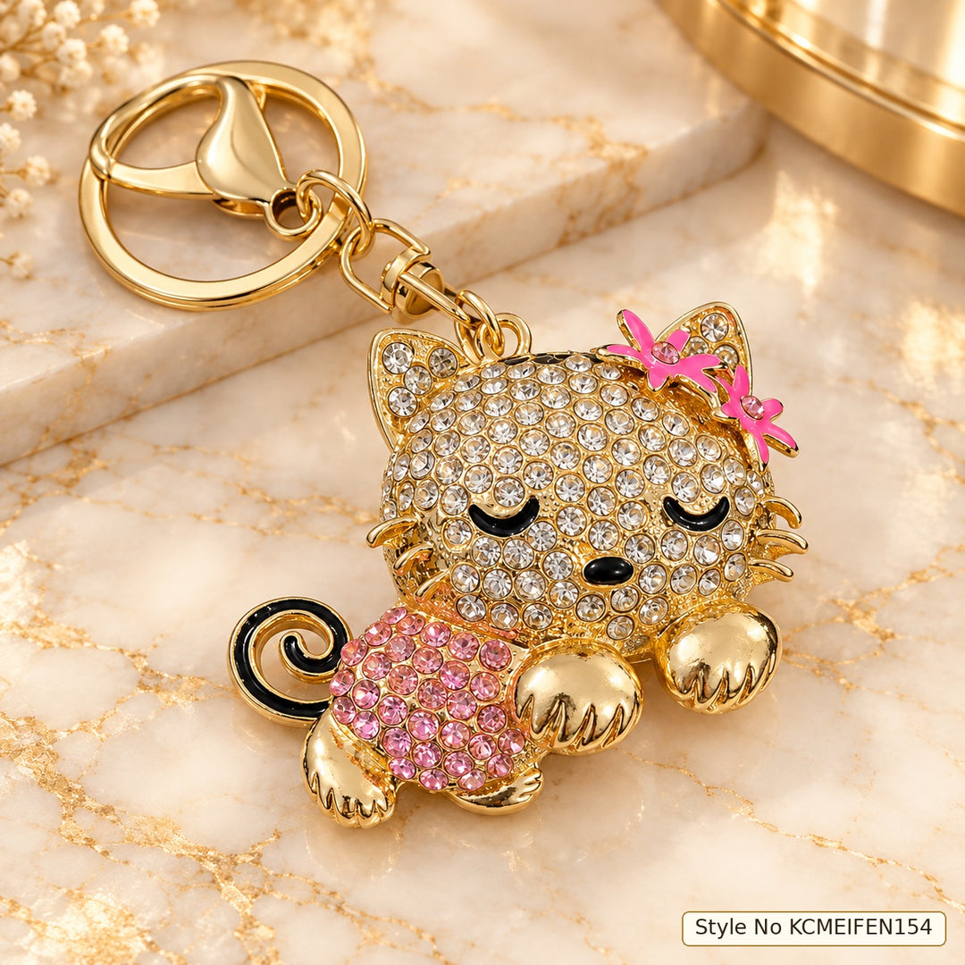 Cat Keychain with Pink Body and Crystal Bow