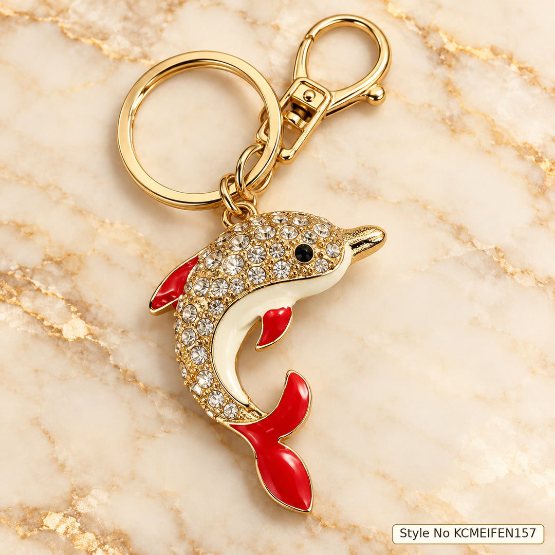 Dolphin Keychain with Red Tail and Crystal Body