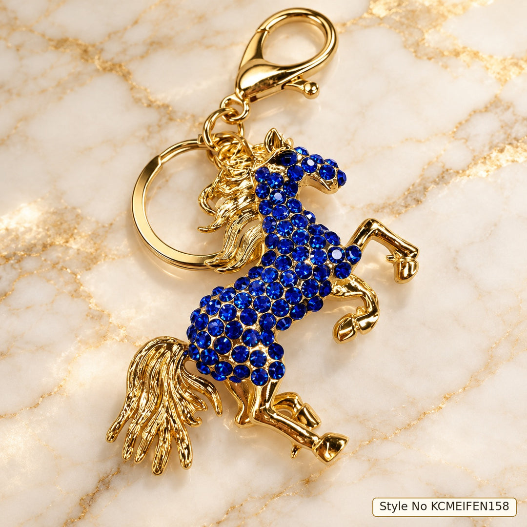 Blue Horse Keychain with Gold-Tone Tail Details