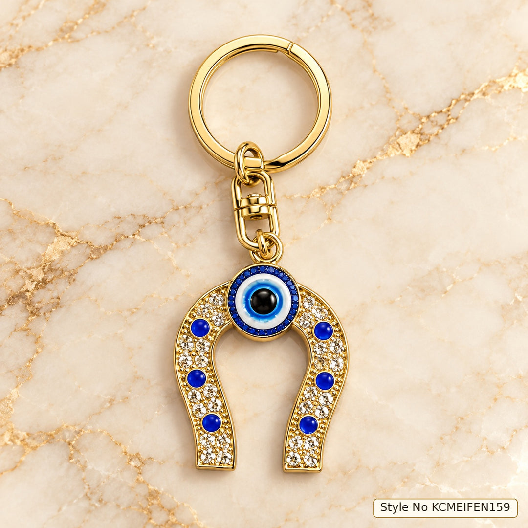 Horseshoe Keychain with Blue Eye and Gold-Tone Details