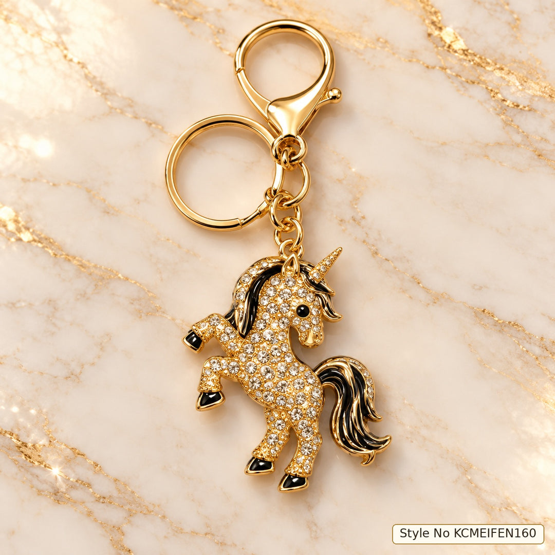 Gold Unicorn Keychain with Black &amp; Clear Rhinestone Accents