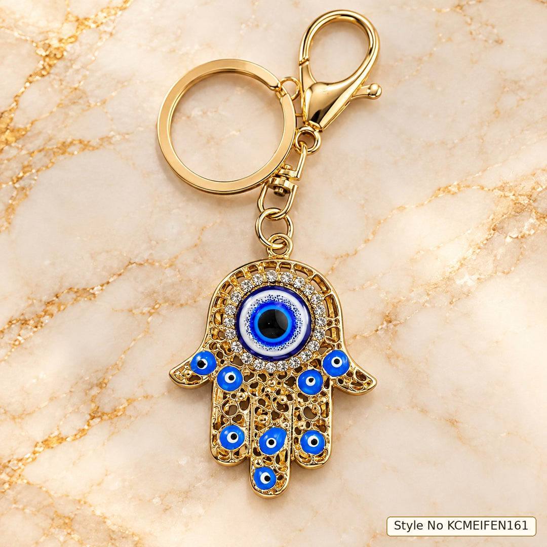 Gold-Tone Hamsa Keychain with Blue Eye Details