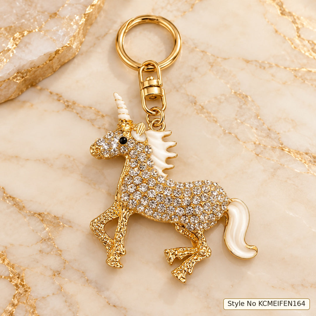 Unicorn Keychain with Clear Stones and Gold-Tone Outline
