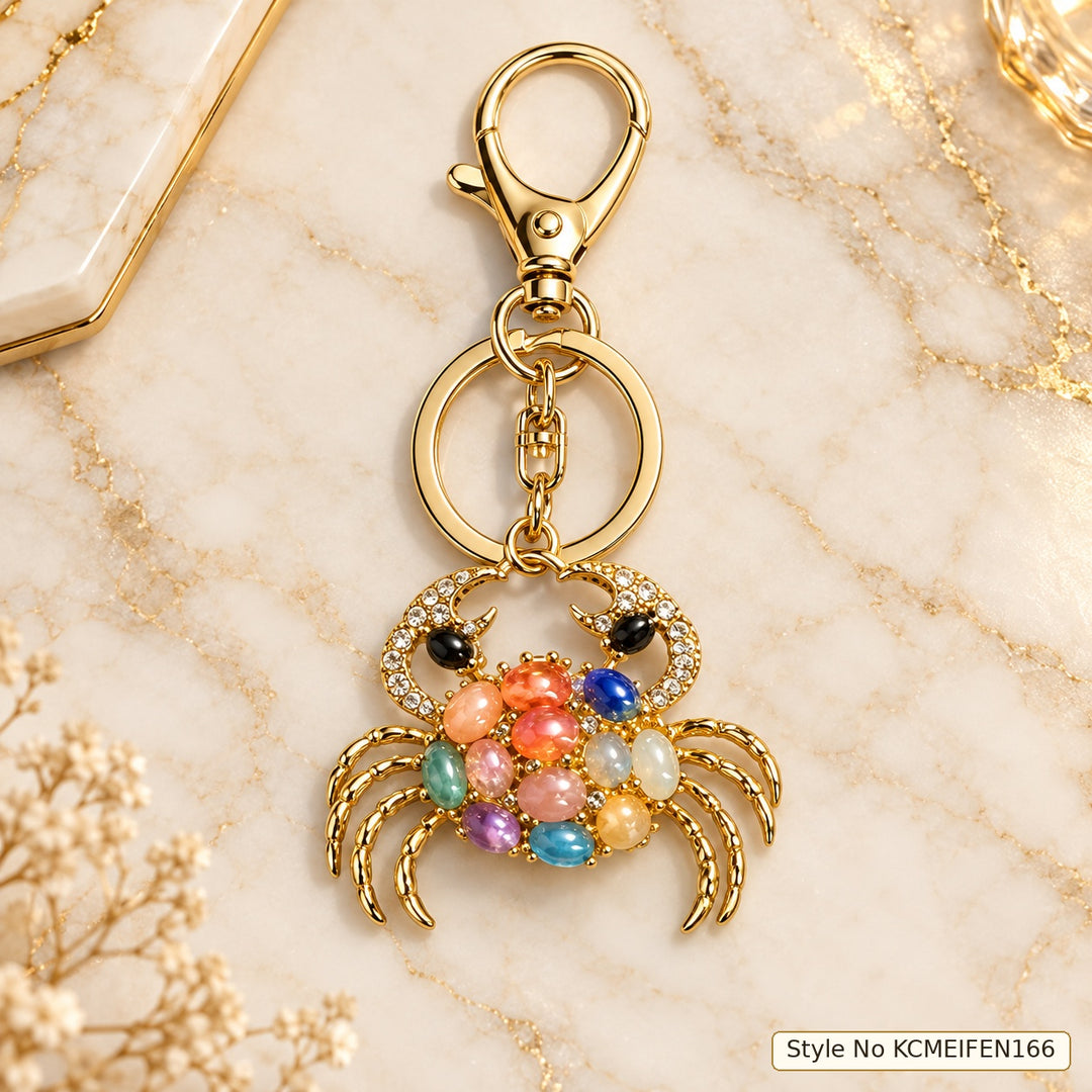 Crab Keychain with Colorful Stones and Gold-Tone Legs